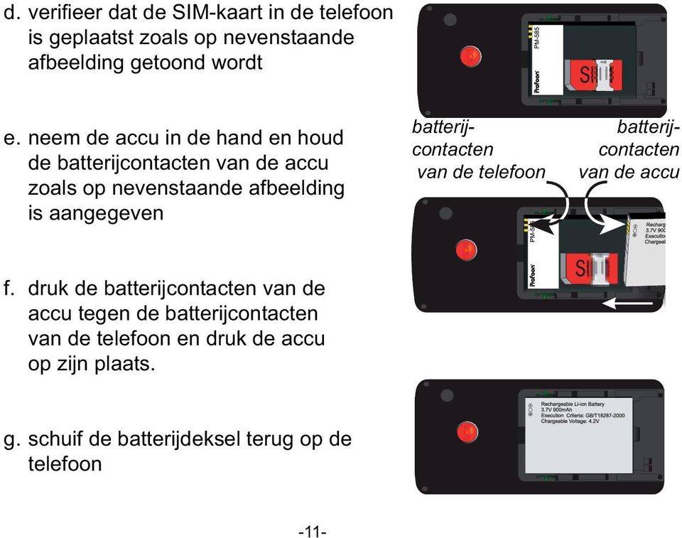 batterijcontacten van de telefoon -11- batterijcontacten van de accu f.