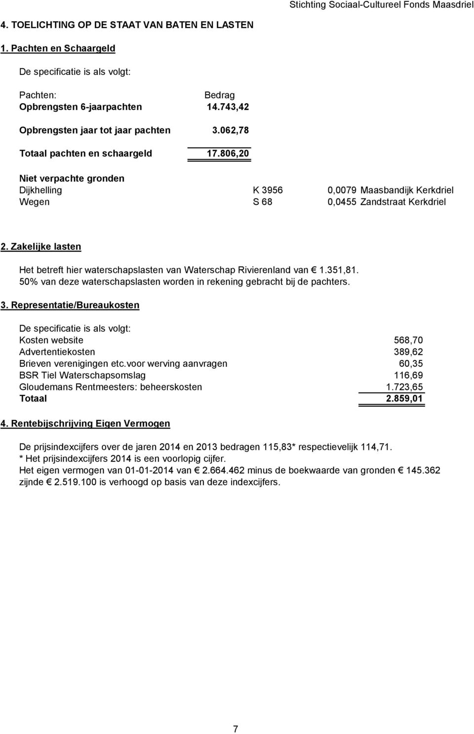 Zakelijke lasten Het betreft hier waterschapslasten van Waterschap Rivierenland van 1.351,81. 50% van deze waterschapslasten worden in rekening gebracht bij de pachters. 3.