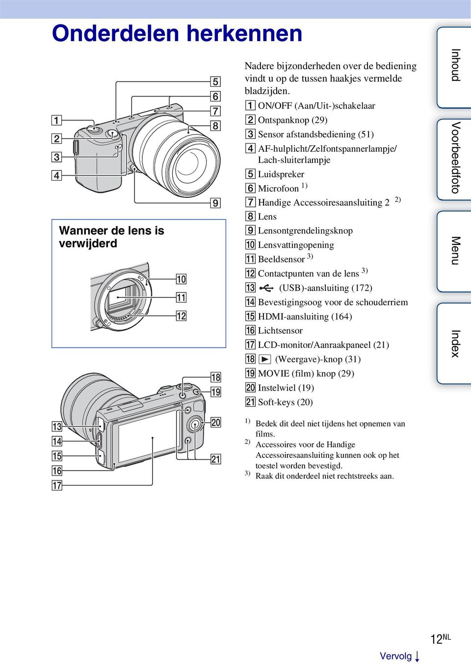 2 2) H Lens I Lensontgrendelingsknop J Lensvattingopening K Beeldsensor 3) L Contactpunten van de lens 3) M (USB)-aansluiting (172) N Bevestigingsoog voor de schouderriem O HDMI-aansluiting (164) P