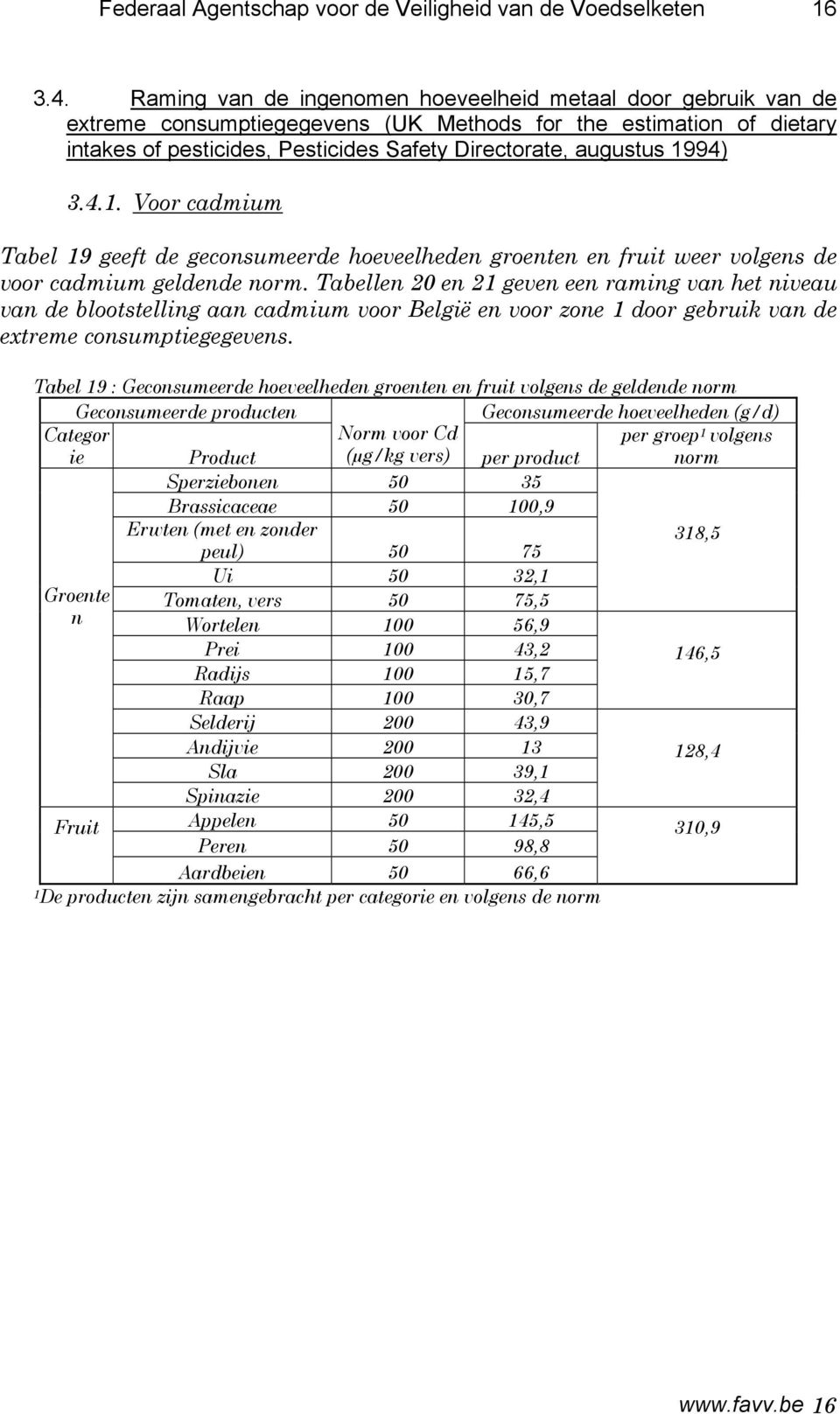 1994) 3.4.1. Voor cadmium Tabel 19 geeft de geconsumeerde hoeveelheden groenten en fruit weer volgens de voor cadmium geldende norm.