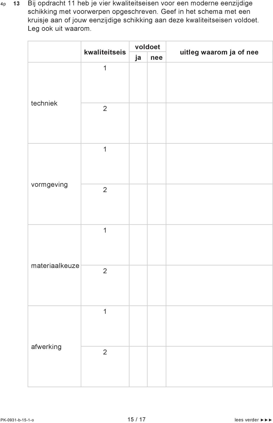 Geef in het schema met een kruisje aan of jouw eenzijdige schikking aan deze