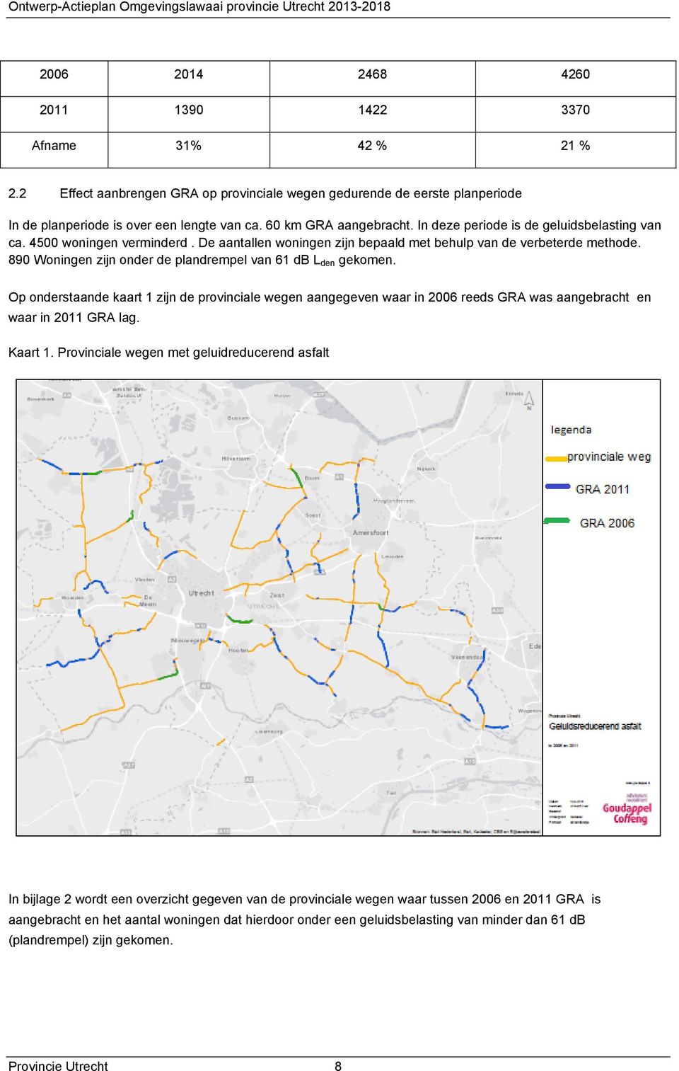 890 Woningen zijn onder de plandrempel van 61 db L den gekomen. Op onderstaande kaart 1 zijn de provinciale wegen aangegeven waar in 2006 reeds GRA was aangebracht en waar in 2011 GRA lag. Kaart 1.