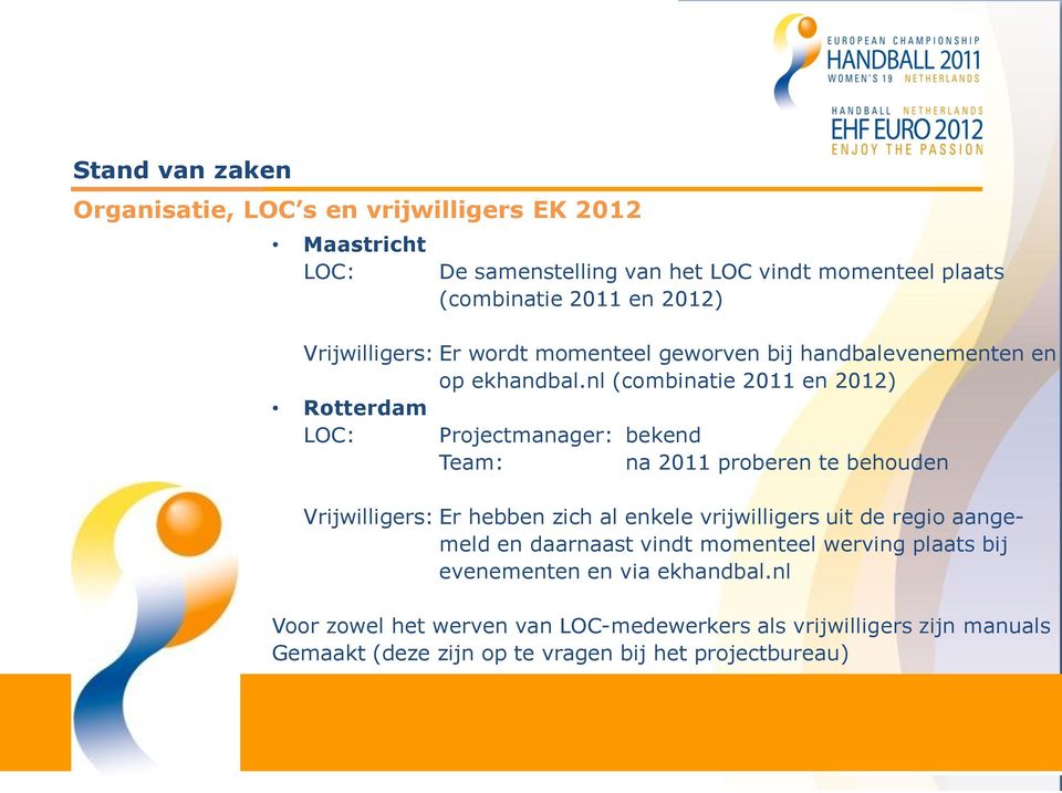 nl (combinatie 2011 en 2012) Rotterdam LOC: Projectmanager: bekend Team: na 2011 proberen te behouden Vrijwilligers: Er hebben zich al enkele vrijwilligers