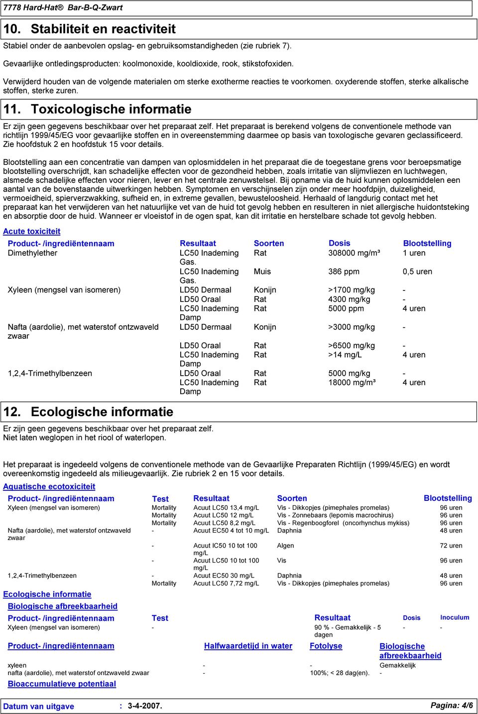 Toxicologische informatie Er zijn geen gegevens beschikbaar over het preparaat zelf.