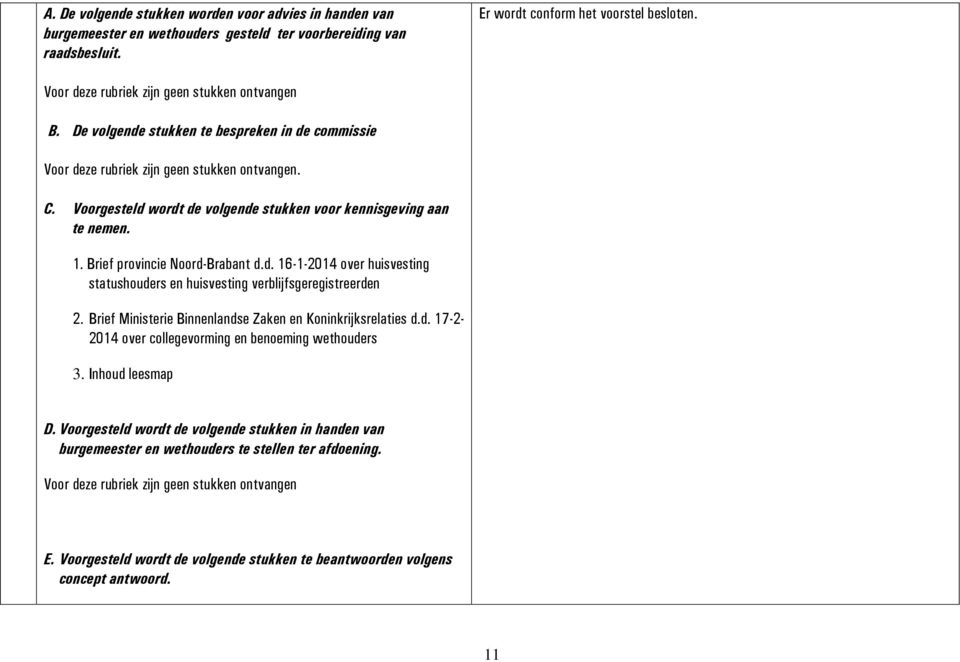 Voorgesteld wordt de volgende stukken voor kennisgeving aan te nemen. 1. Brief provincie Noord-Brabant d.d. 16-1-2014 over huisvesting statushouders en huisvesting verblijfsgeregistreerden 2.