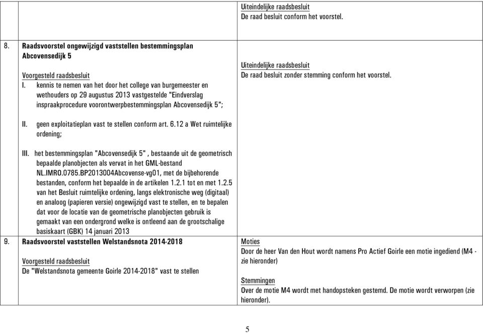 zonder stemming conform het voorstel. II. geen exploitatieplan vast te stellen conform art. 6.12 a Wet ruimtelijke ordening; III.