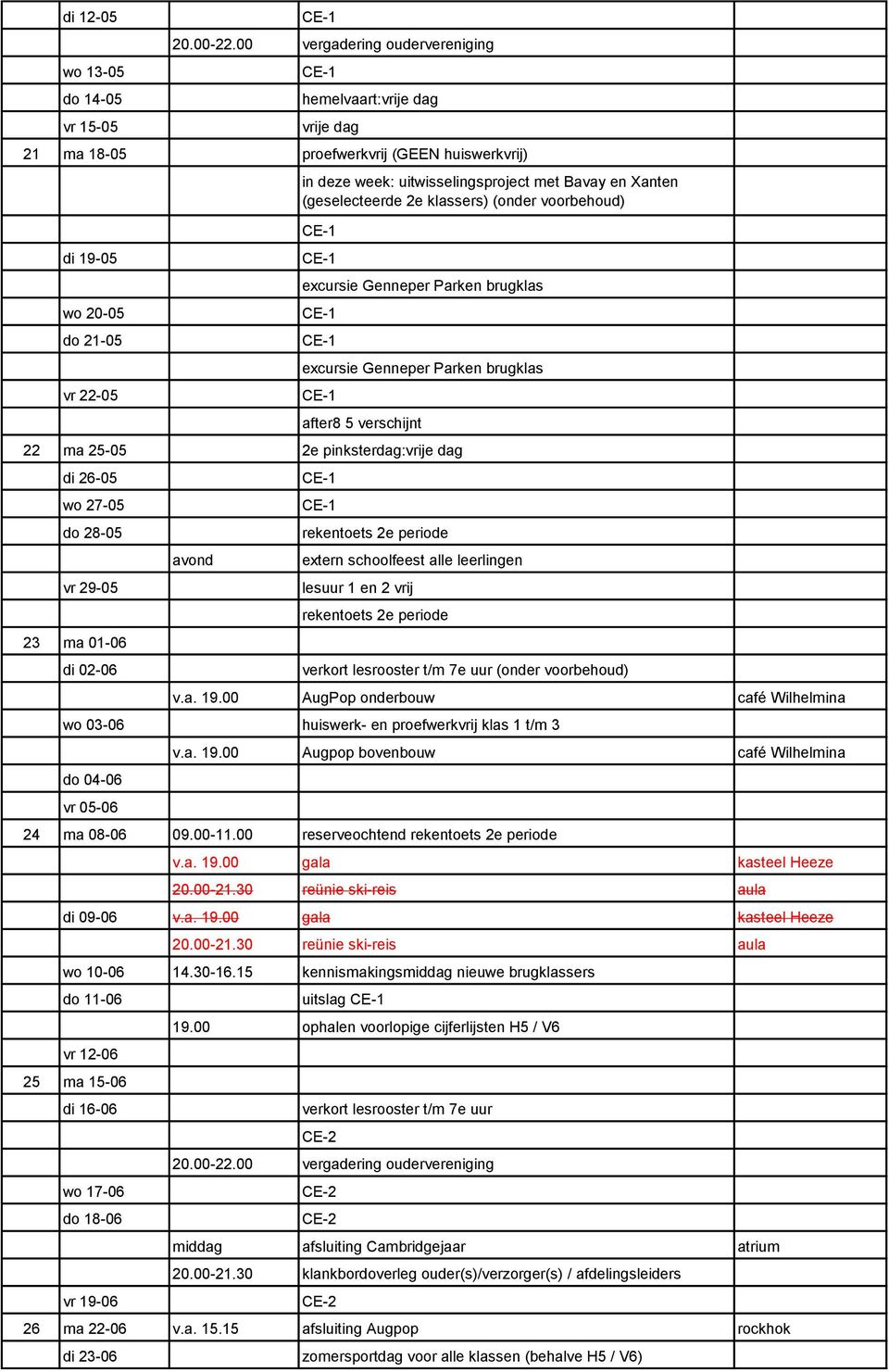 28-05 vr 29-05 23 ma 01-06 di 02-06 avond rekentoets 2e periode extern schoolfeest alle leerlingen lesuur 1 en 2 vrij rekentoets 2e periode verkort lesrooster t/m 7e uur (onder voorbehoud) v.a. 19.