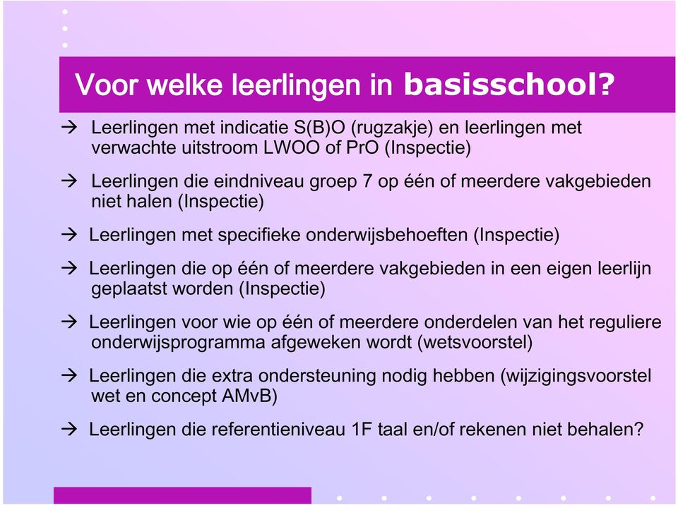 vakgebieden niet halen (Inspectie) Leerlingen met specifieke onderwijsbehoeften (Inspectie) Leerlingen die op één of meerdere vakgebieden in een eigen leerlijn