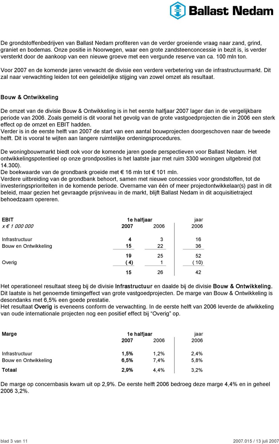 Voor 2007 en de komende jaren verwacht de divisie een verdere verbetering van de infrastructuurmarkt. Dit zal naar verwachting leiden tot een geleidelijke stijging van zowel omzet als resultaat.