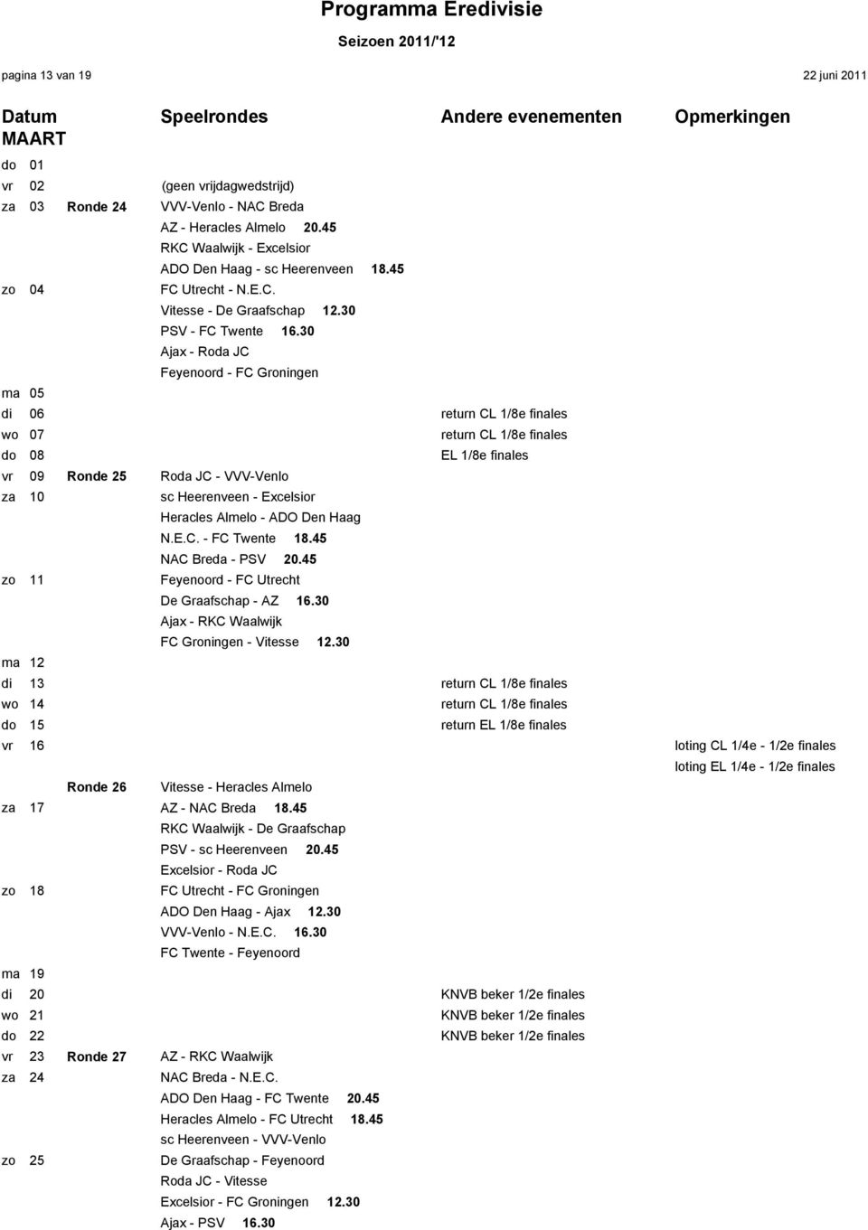 30 Ajax - Roda JC Feyenoord - FC Groningen ma 05 di 06 return CL 1/8e finales wo 07 return CL 1/8e finales do 08 EL 1/8e finales vr 09 Ronde 25 Roda JC - VVV-Venlo za 10 sc Heerenveen - Excelsior