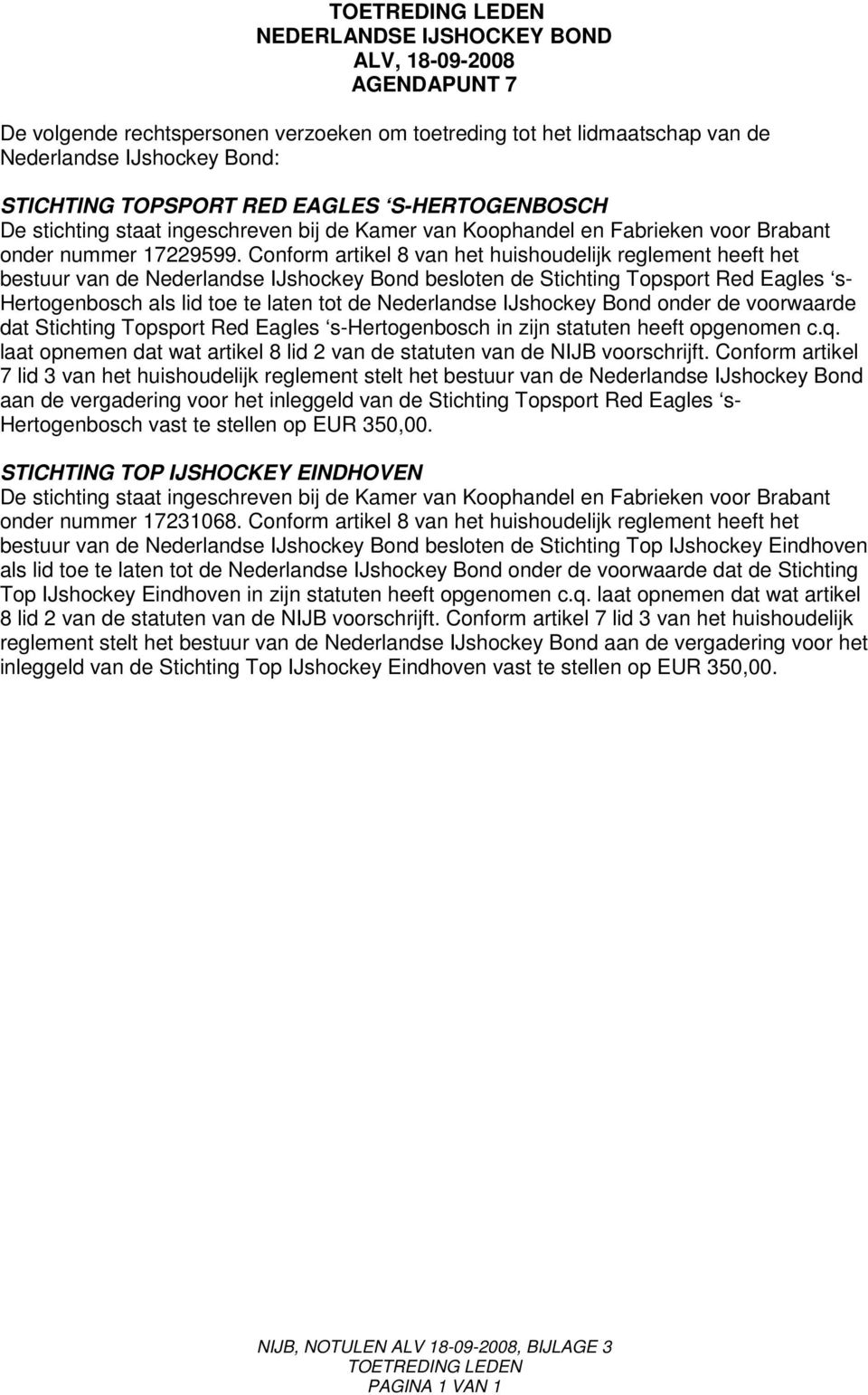 Conform artikel 8 van het huishoudelijk reglement heeft het bestuur van de Nederlandse IJshockey Bond besloten de Stichting Topsport Red Eagles s- Hertogenbosch als lid toe te laten tot de