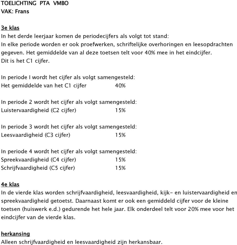 In periode I wordt het cijfer als volgt samengesteld: Het gemiddelde van het C1 cijfer 40% In periode 2 wordt het cijfer als volgt samengesteld: Luistervaardigheid (C2 cijfer) 15% In periode 3 wordt