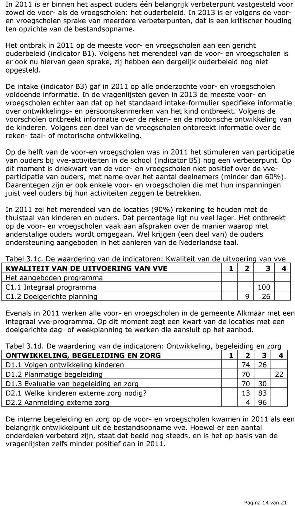 Het ontbrak in 2011 op de meeste voor- en vroegscholen aan een gericht ouderbeleid (indicator B1).