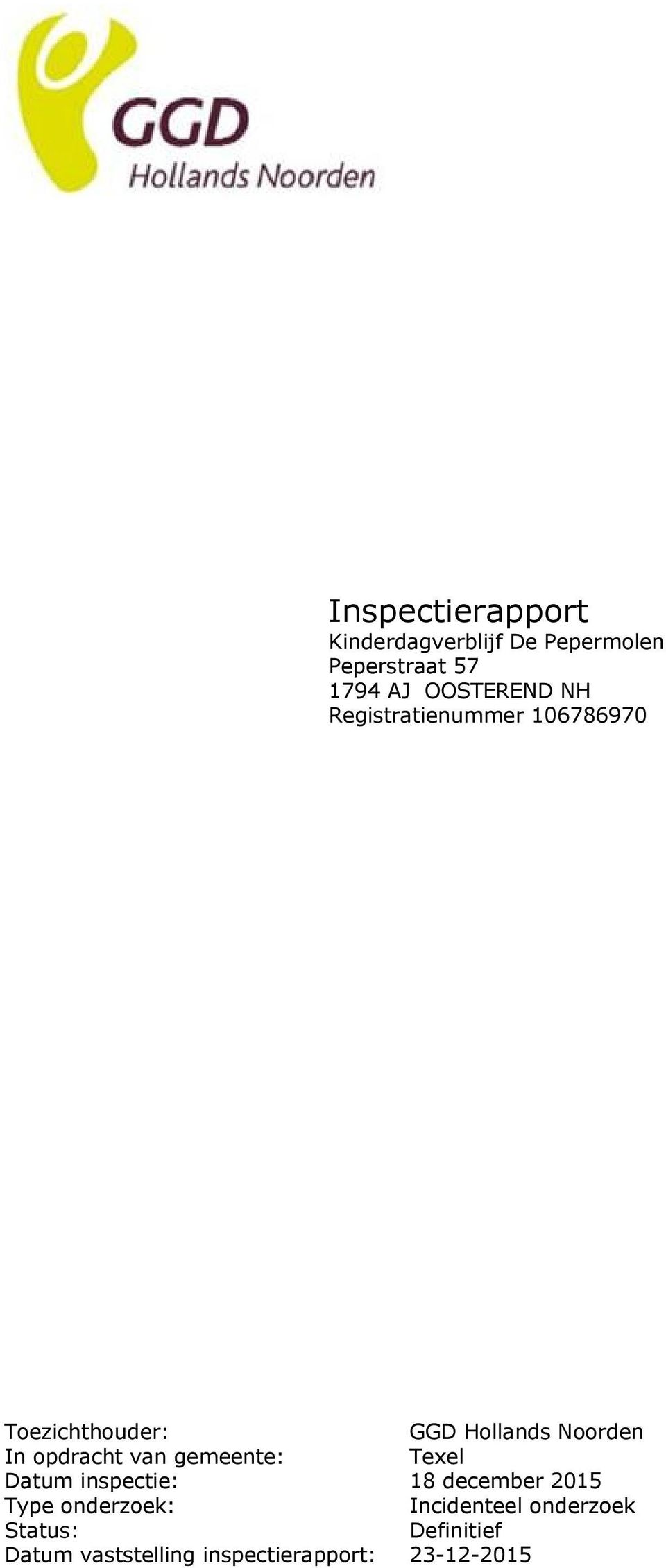 In opdracht van gemeente: Texel Datum inspectie: 18 december 2015 Type