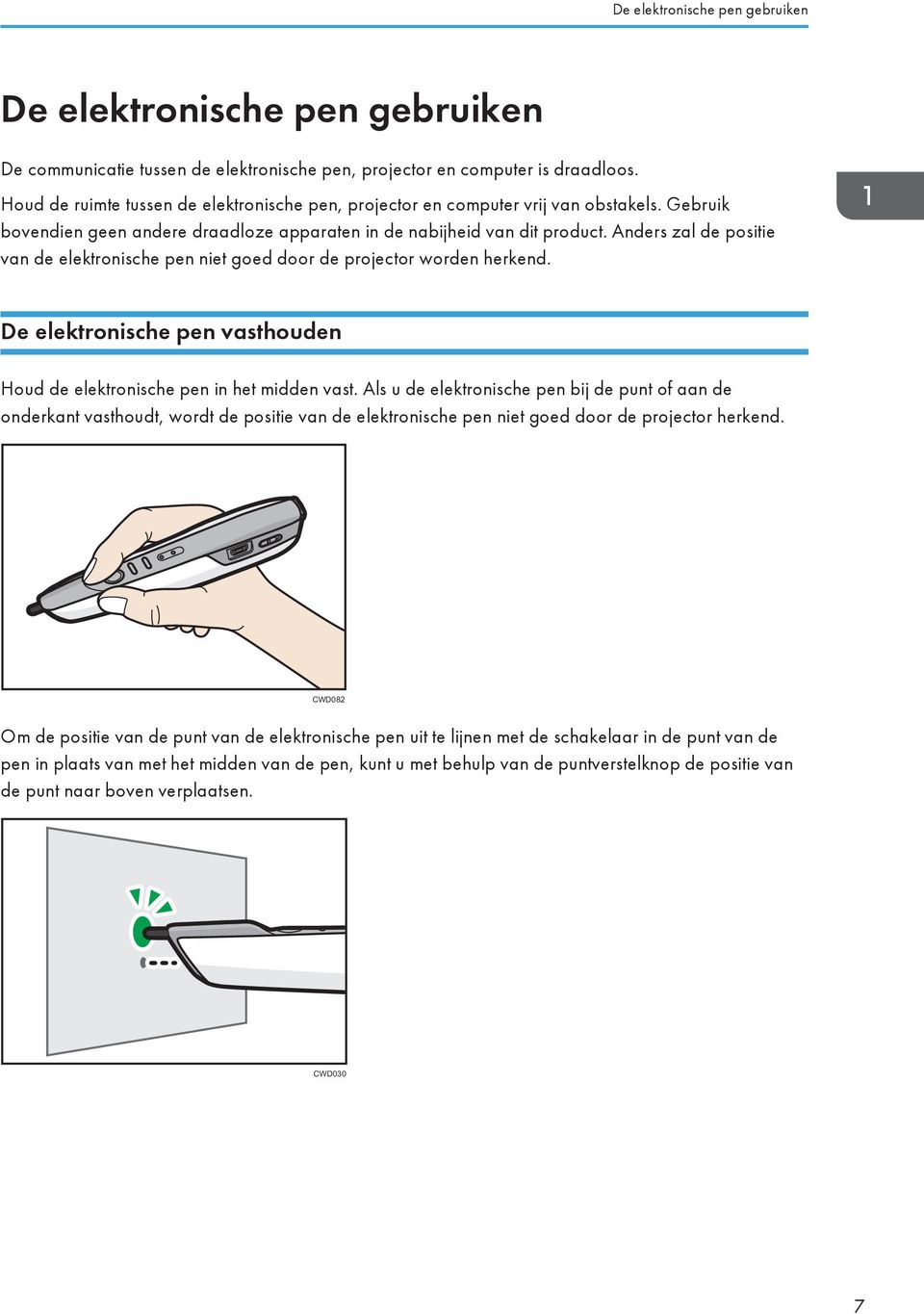 Anders zal de positie van de elektronische pen niet goed door de projector worden herkend. De elektronische pen vasthouden Houd de elektronische pen in het midden vast.