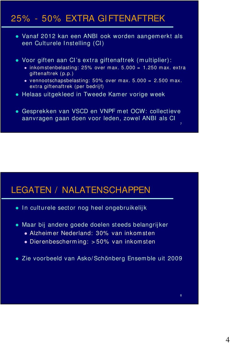 extra giftenaftrek (per bedrijf) Helaas uitgekleed in Tweede Kamer vorige week Gesprekken van VSCD en VNPF met OCW: collectieve aanvragen gaan doen voor leden, zowel ANBI als CI 7