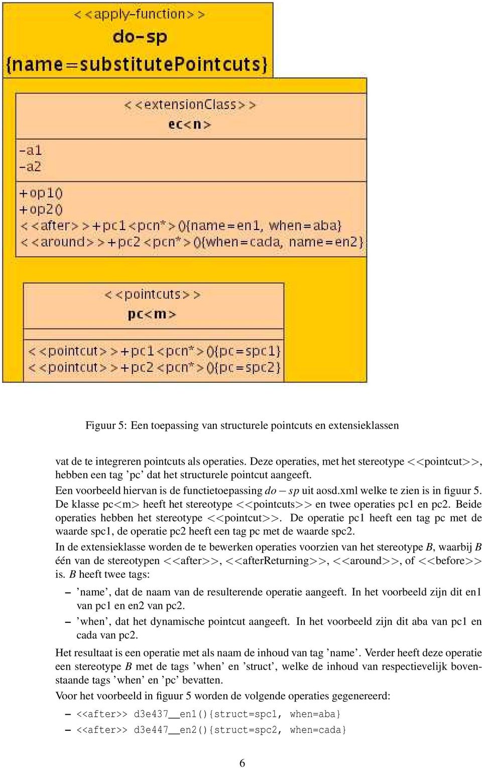 De klasse pc<m> heeft het stereotype <<pointcuts>> en twee operaties pc1 en pc2. Beide operaties hebben het stereotype <<pointcut>>.