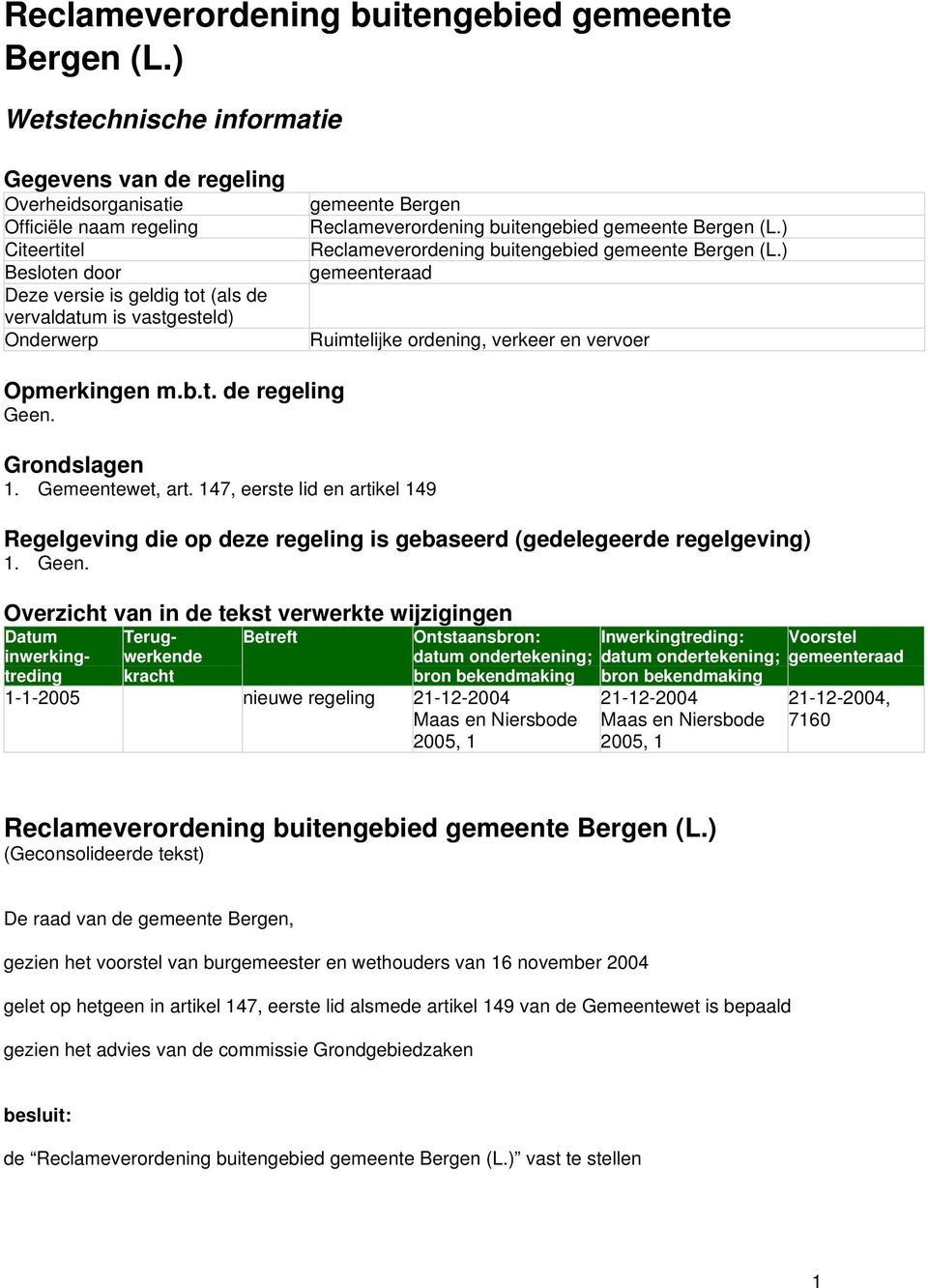 gemeente Bergen gemeenteraad Ruimtelijke ordening, verkeer en vervoer Opmerkingen m.b.t. de regeling Geen. Grondslagen 1. Gemeentewet, art.