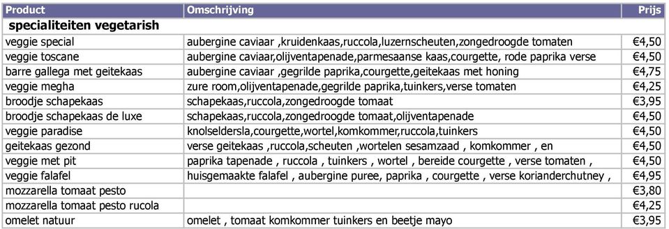 schapekaas schapekaas,ruccola,zongedroogde tomaat 3,95 broodje schapekaas de luxe schapekaas,ruccola,zongedroogde tomaat,olijventapenade veggie paradise