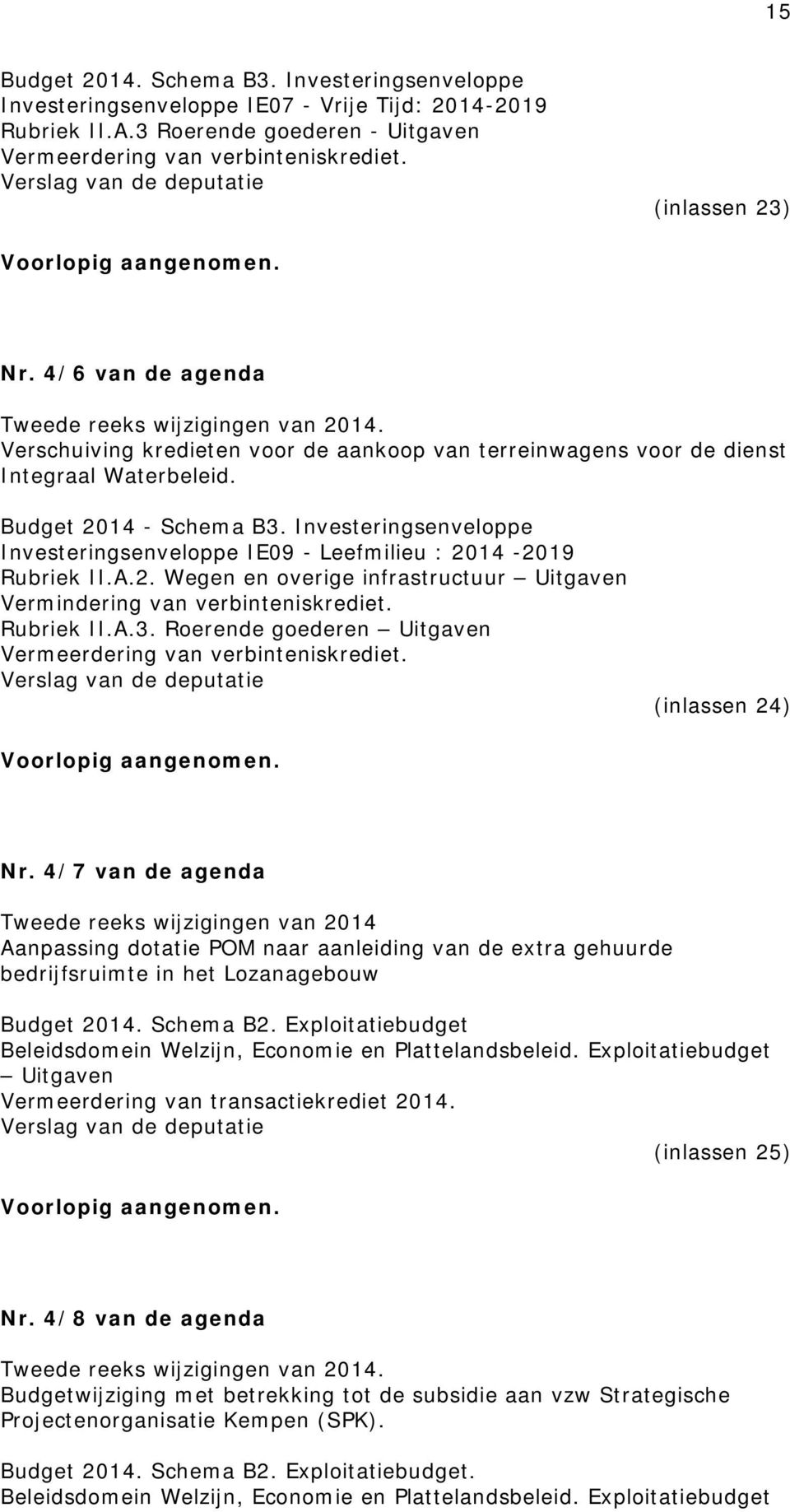 Budget 2014 - Schema B3. Investeringsenveloppe Investeringsenveloppe IE09 - Leefmilieu : 2014-2019 Rubriek II.A.2. Wegen en overige infrastructuur Uitgaven Vermindering van verbinteniskrediet.