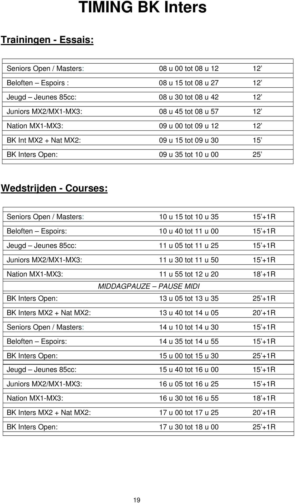 BK Inters Open: 09 u 35 tot 10 u 00 25 Wedstrijden - Courses: Seniors Open / Masters: 10 u 15 tot 10 u 35 15 +1R Beloften Espoirs: 10 u 40 tot 11 u 00 15 +1R Jeugd Jeunes 85cc: 11 u 05 tot 11 u 25 15