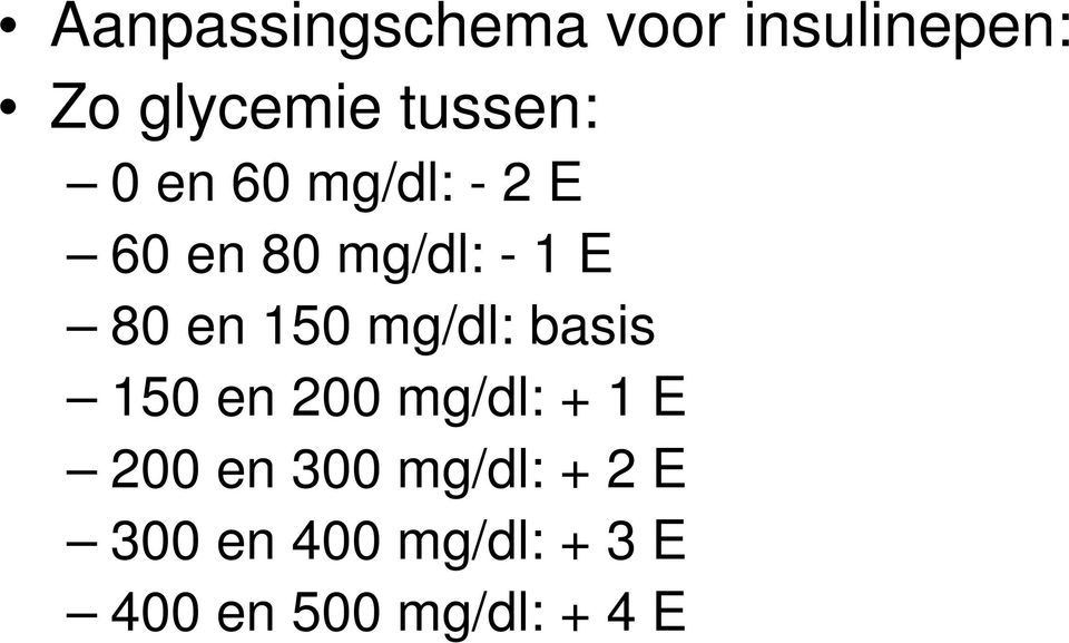 mg/dl: basis 150 en 200 mg/dl: 1 E 200 en 300
