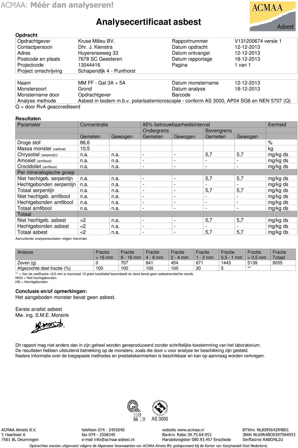 omschrijving Schapendijk 4 - Punthorst Naam MM FF - Gat 3A + 5A Datum monstername 12-12-2013 Monstersoort Grond Datum analyse 18-12-2013 Monstername door Opdrachtgever Barcode Analyse methode Asbest