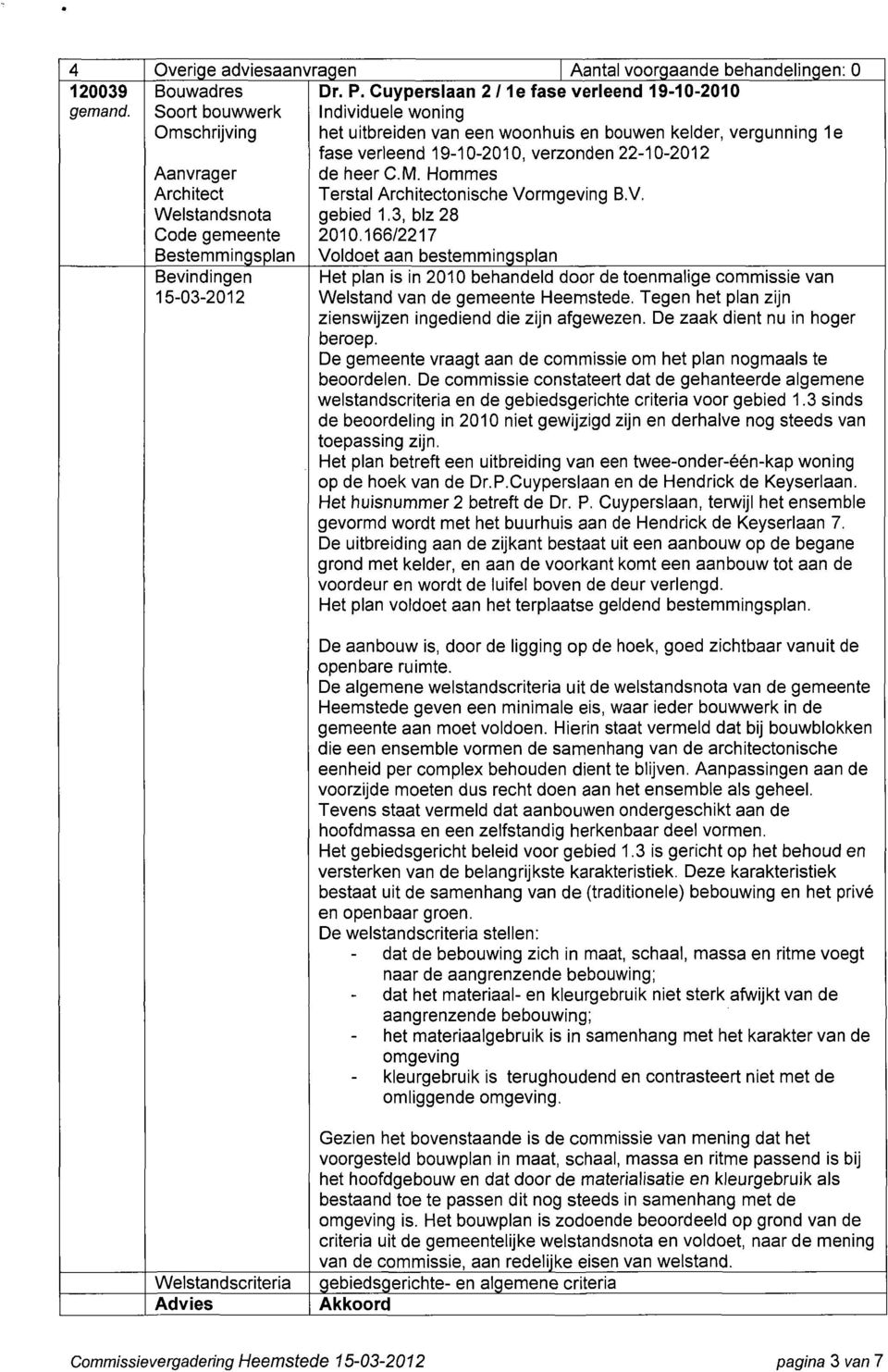 Hommes Terstal onische Vormgeving B.V. gebied 1.3, blz 28 2010.166/2217 Het plan is in 2010 behandeld door de toenmalige commissie van Welstand van de gemeente Heemstede.