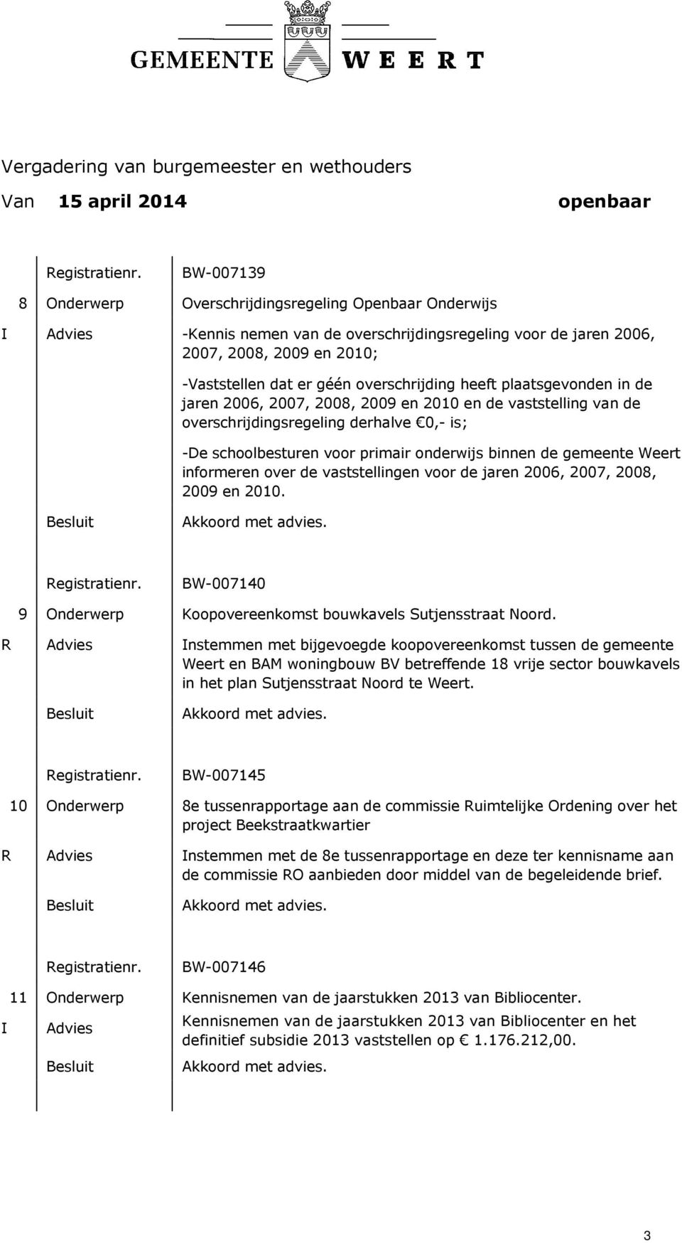 informeren over de vaststellingen voor de jaren 2006, 2007, 2008, 2009 en 2010. BW-007140 9 Onderwerp Koopovereenkomst bouwkavels Sutjensstraat Noord.