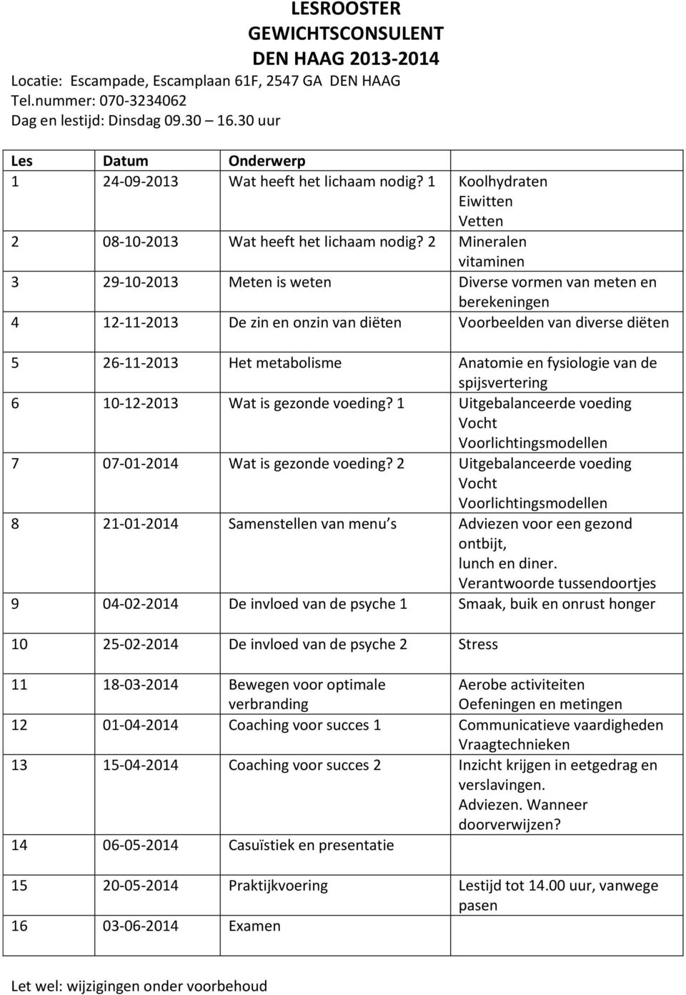 2 Mineralen 3 29-10-2013 Meten is weten Diverse vormen van meten en 4 12-11-2013 De zin en onzin van diëten Voorbeelden van diverse diëten 5 26-11-2013 Het metabolisme Anatomie en fysiologie van de 6