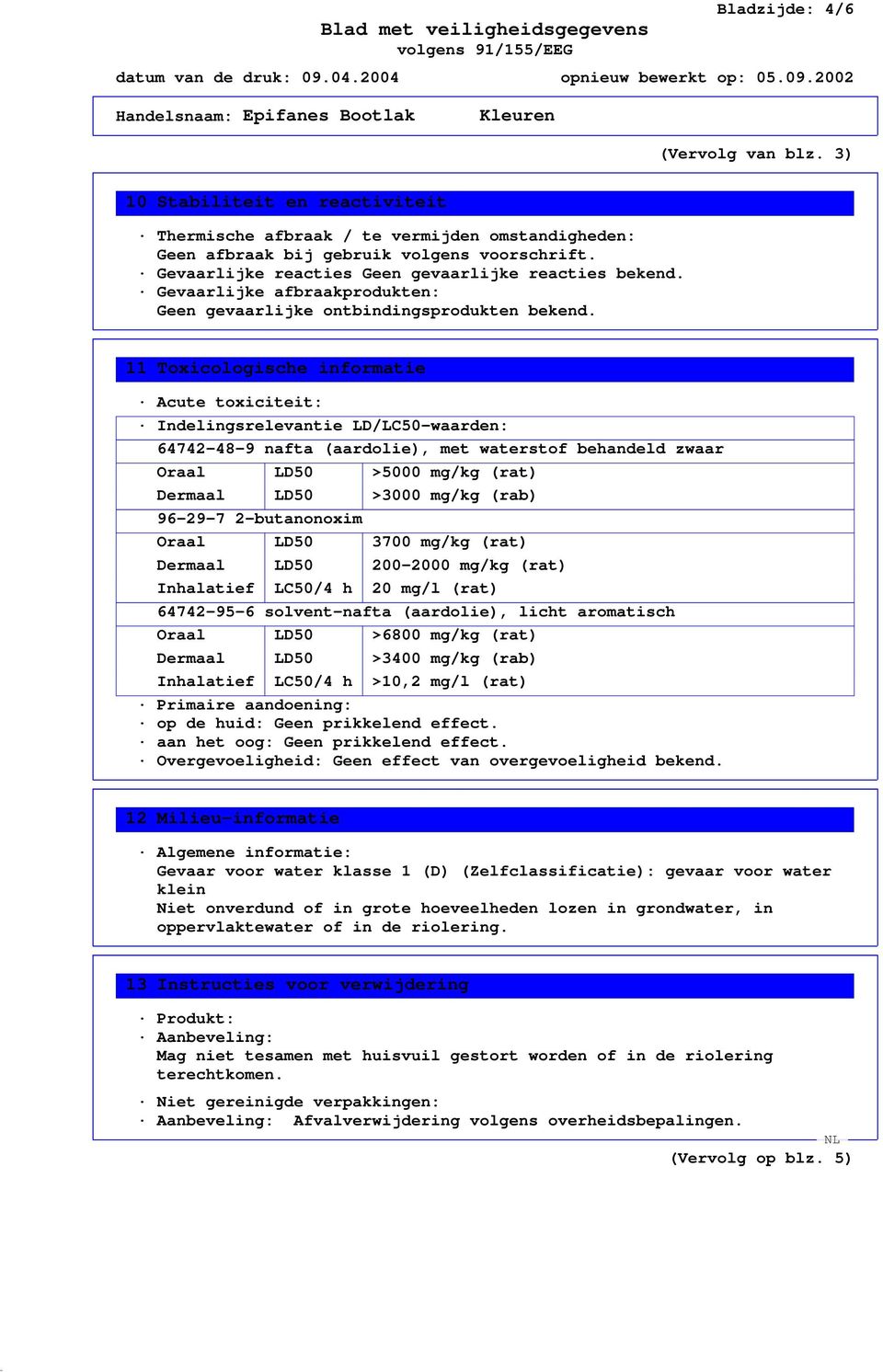 11 Toxicologische informatie Acute toxiciteit: Indelingsrelevantie LD/LC50-waarden: 64742-48-9 nafta (aardolie), met waterstof behandeld zwaar Oraal LD50 >5000 mg/kg (rat) Dermaal LD50 >3000 mg/kg