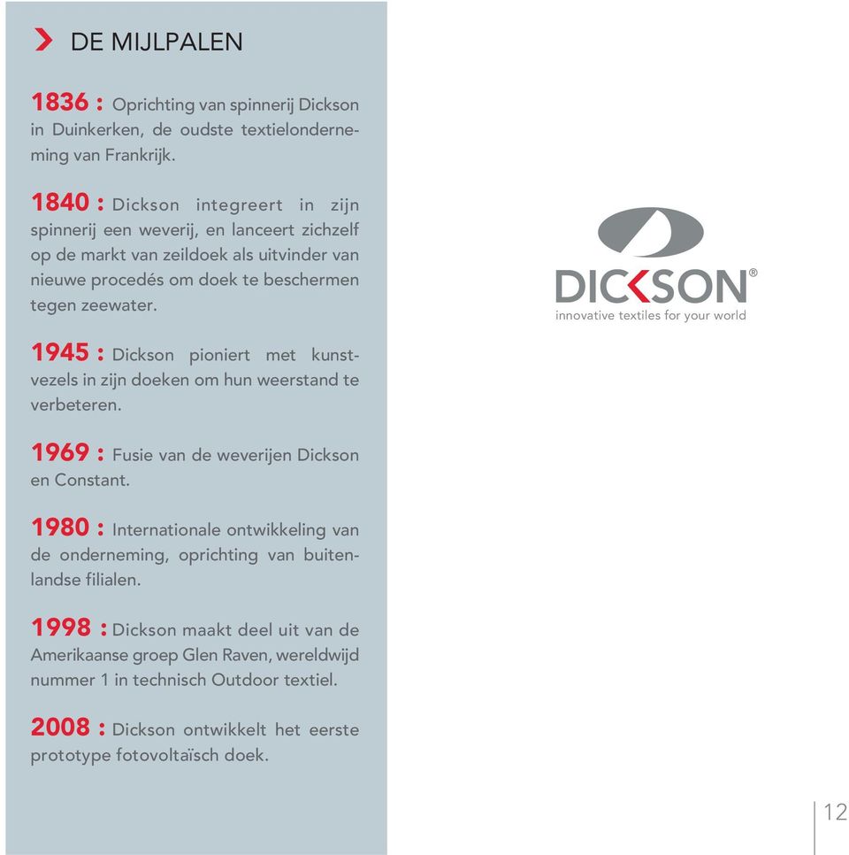 innovative textiles for your world 1945 : Dickson pioniert met kunstvezels in zijn doeken om hun weerstand te verbeteren. 1969 : Fusie van de weverijen Dickson en Constant.