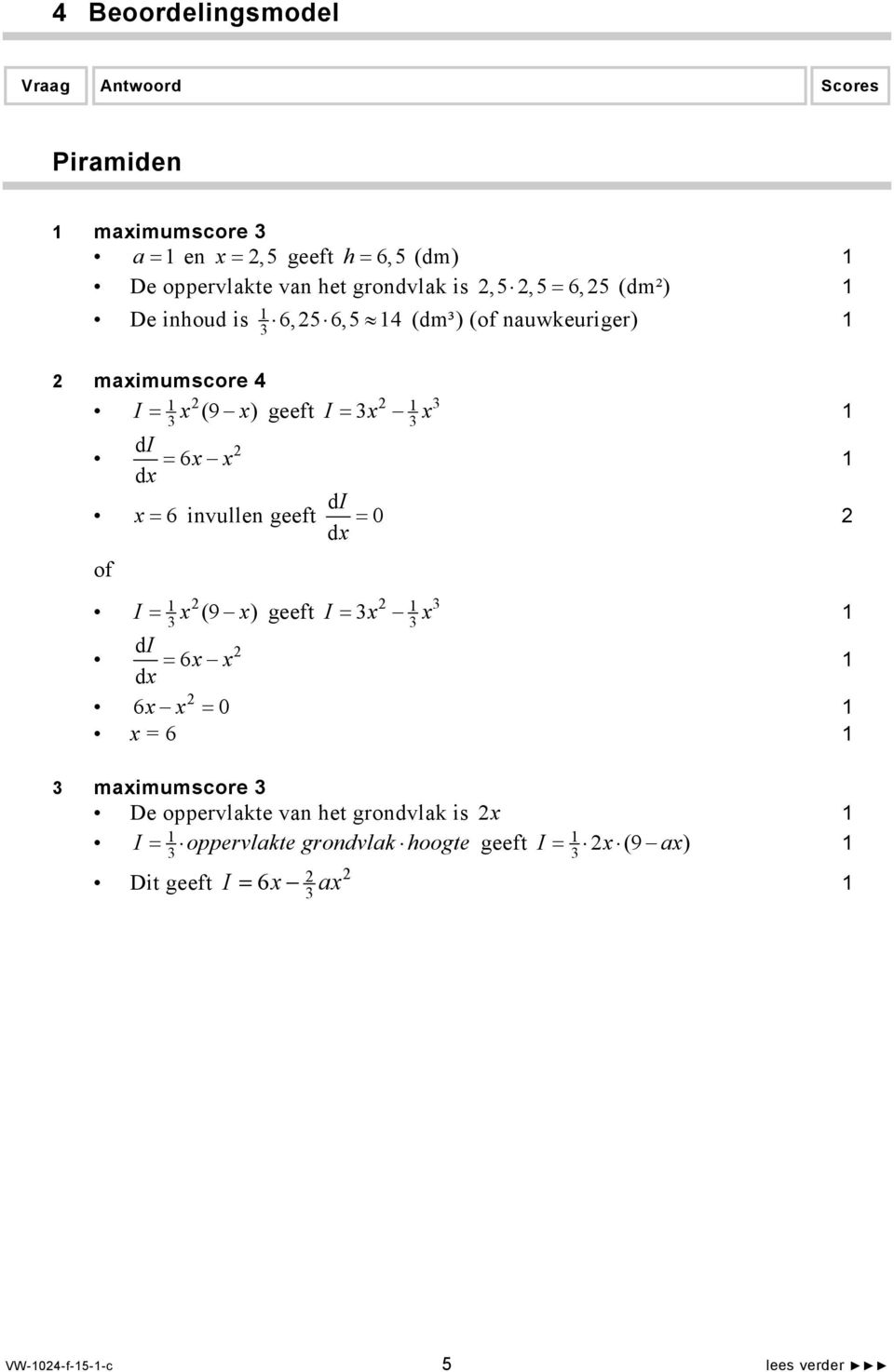 x x x x = 6 invullen geeft d 0 d x = = I = x x I I x (9 x ) geeft I = x x di 6 d = x x x 6x x = 0 x = 6 maximumscore De