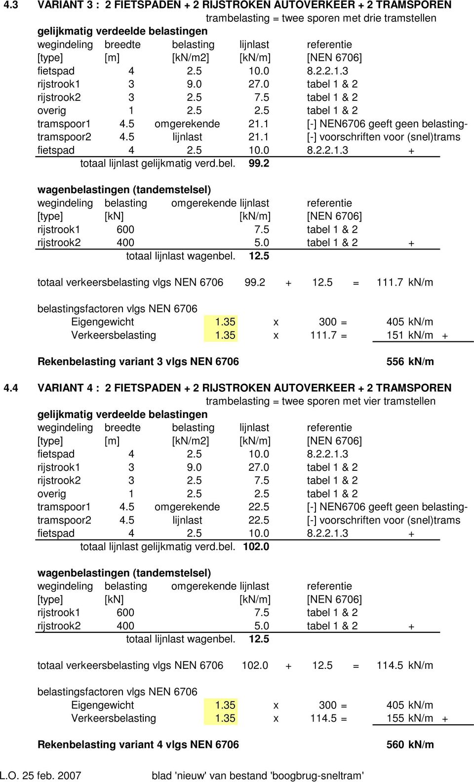 2 rijstrook2 400 5.0 tabel 1 & 2 + totaal lijnlast wagenbel. 12.5 totaal verkeersbelasting vlgs NEN 6706 99.2 + 12.5 = 111.7 kn/m Eigengewicht 1.35 x 300 = 405 kn/m Verkeersbelasting 1.35 x 111.