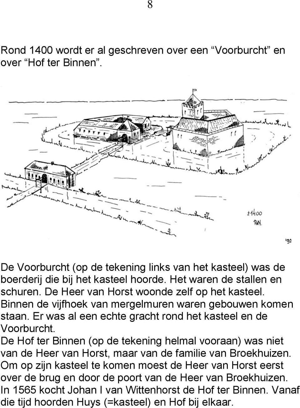 Er was al een echte gracht rond het kasteel en de Voorburcht. De Hof ter Binnen (op de tekening helmal vooraan) was niet van de Heer van Horst, maar van de familie van Broekhuizen.