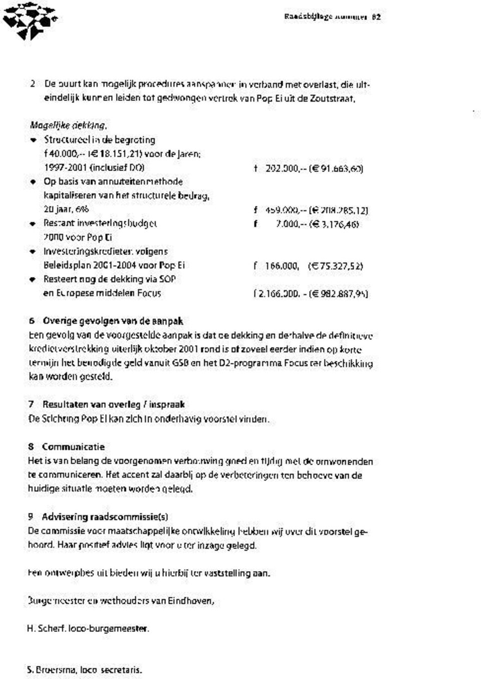 151,21) voor de jaren: 1997-2001 (inclusief DO) Op basis van annuiteitenmethode kapitaliseren van het structurele bedrag, 20 jaar, 6s/s Restant investeringsbudget 2000 voor Pop Ei