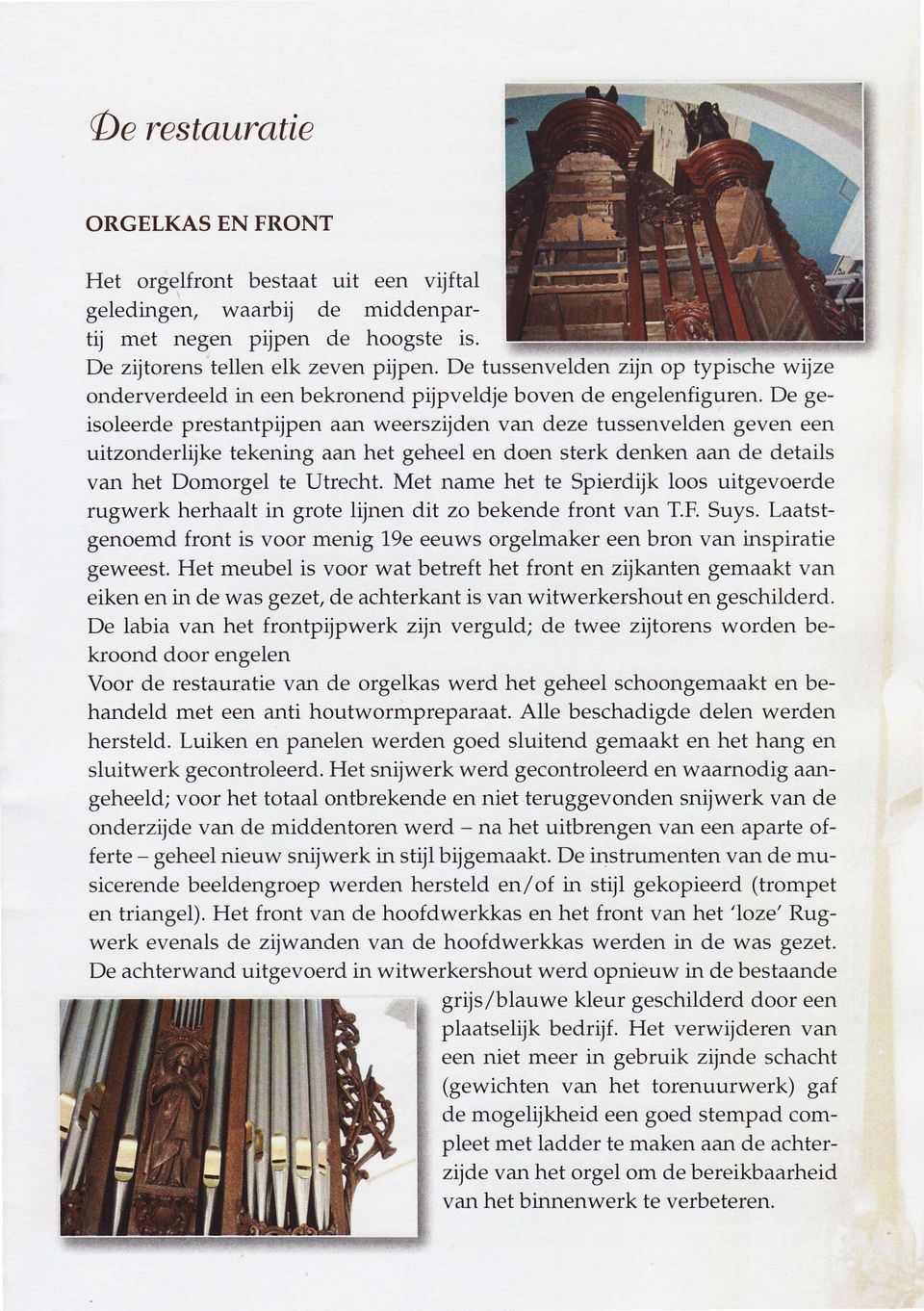 De geisoleerde prestantpijpen aan weerszijden van deze tussenvelden geven een uitzonderlijke tekening aan het geheel en doen sterk denken aan de details van het Domorgel te Utrecht.