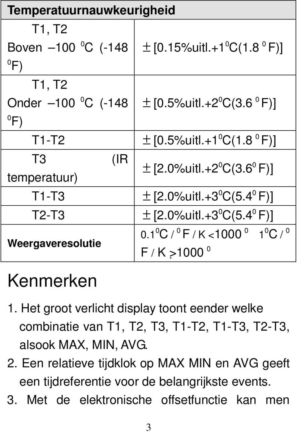1 0 C / 0 F / K <1000 0 1 0 C / 0 Weergaveresolutie F / K >1000 0 Kenmerken 1.