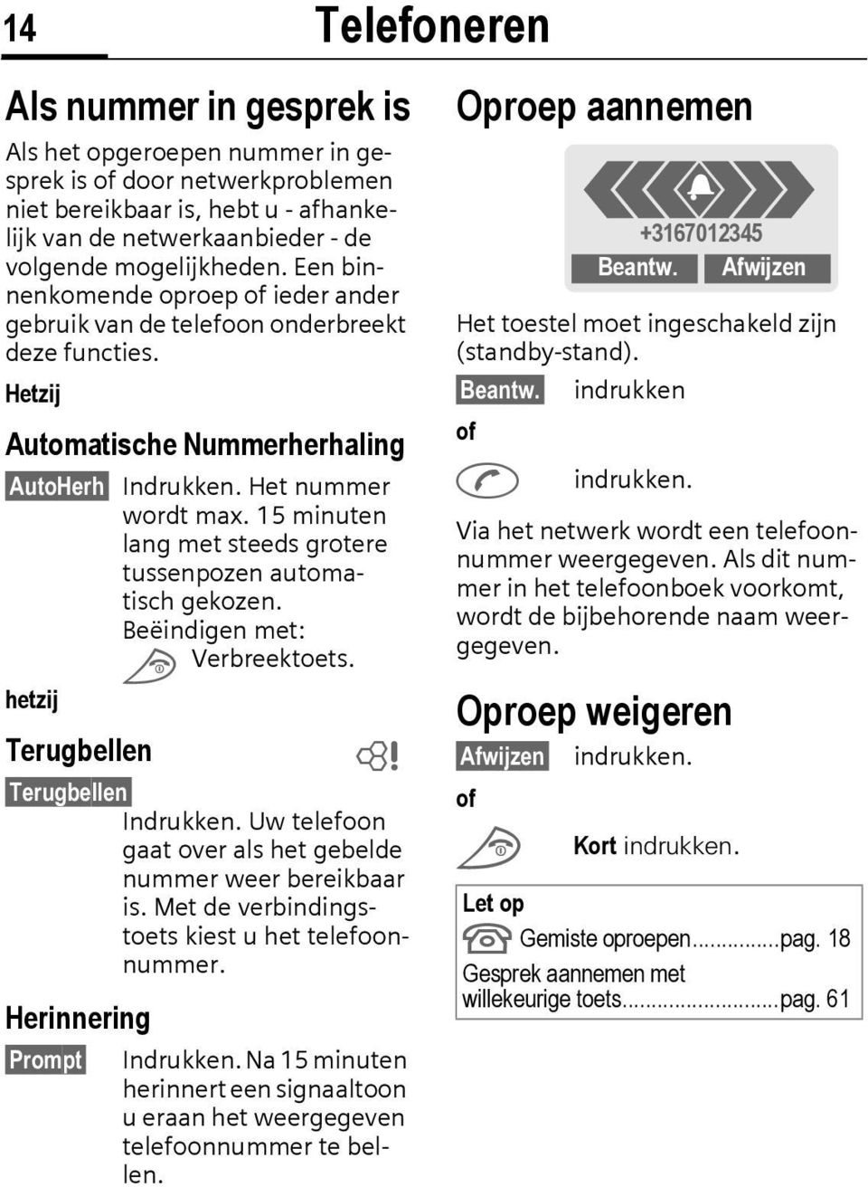 15 minuten lang met steeds grotere tussenpozen automatisch gekozen. Beëindigen met: S Verbreektoets. hetzij Terugbellen ~ Terugbellen Indrukken.