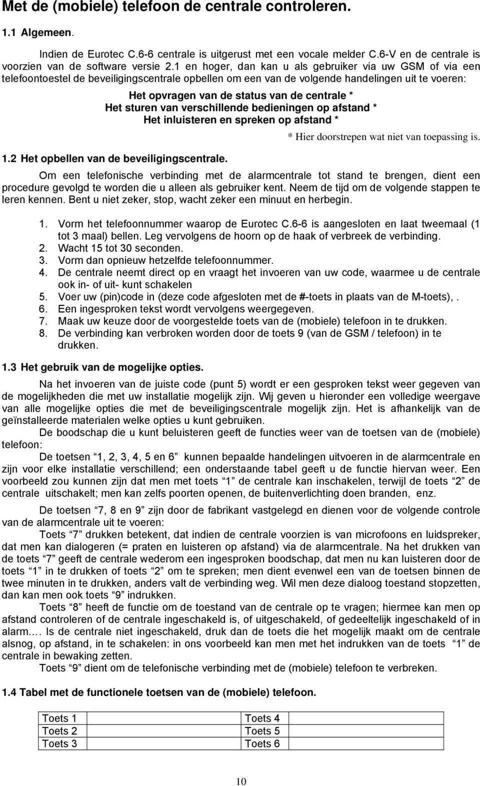 * Het sturen van verschillende bedieningen op afstand * Het inluisteren en spreken op afstand * 1.2 Het opbellen van de beveiligingscentrale. * Hier doorstrepen wat niet van toepassing is.