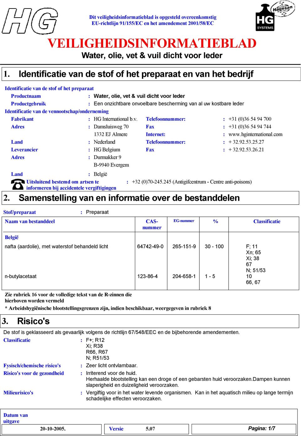 Land België Uitsluitend bestemd om artsen te informeren bij accidentele vergiftigingen Telefoonnummer +31 (0)36 54 94 700 Fax +31 (0)36 54 94 744 Internet www.hginternational.com Telefoonnummer + 32.