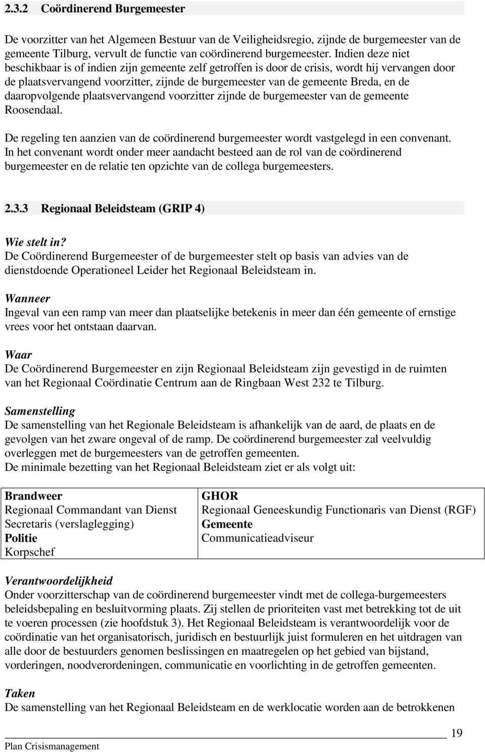 daaropvolgende plaatsvervangend voorzitter zijnde de burgemeester van de gemeente Roosendaal. De regeling ten aanzien van de coördinerend burgemeester wordt vastgelegd in een convenant.