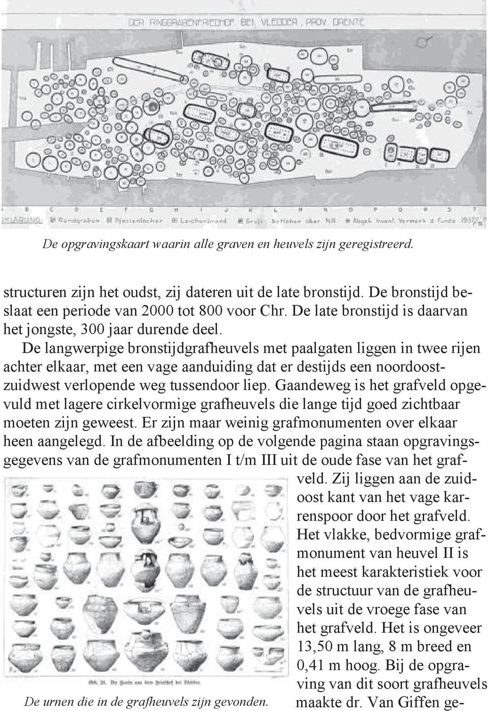 De langwerpige bronstijdgrafheuvels met paalgaten liggen in twee rijen achter elkaar, met een vage aanduiding dat er destijds een noordoostzuidwest verlopende weg tussendoor liep.