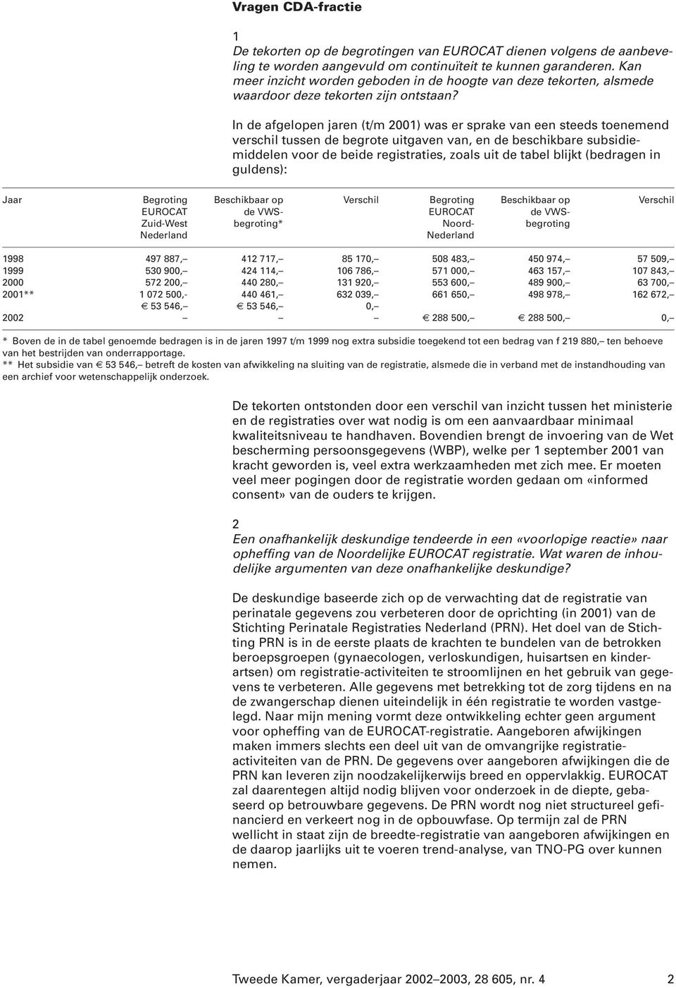 In de afgelopen jaren (t/m 2001) was er sprake van een steeds toenemend verschil tussen de begrote uitgaven van, en de beschikbare subsidiemiddelen voor de beide registraties, zoals uit de tabel