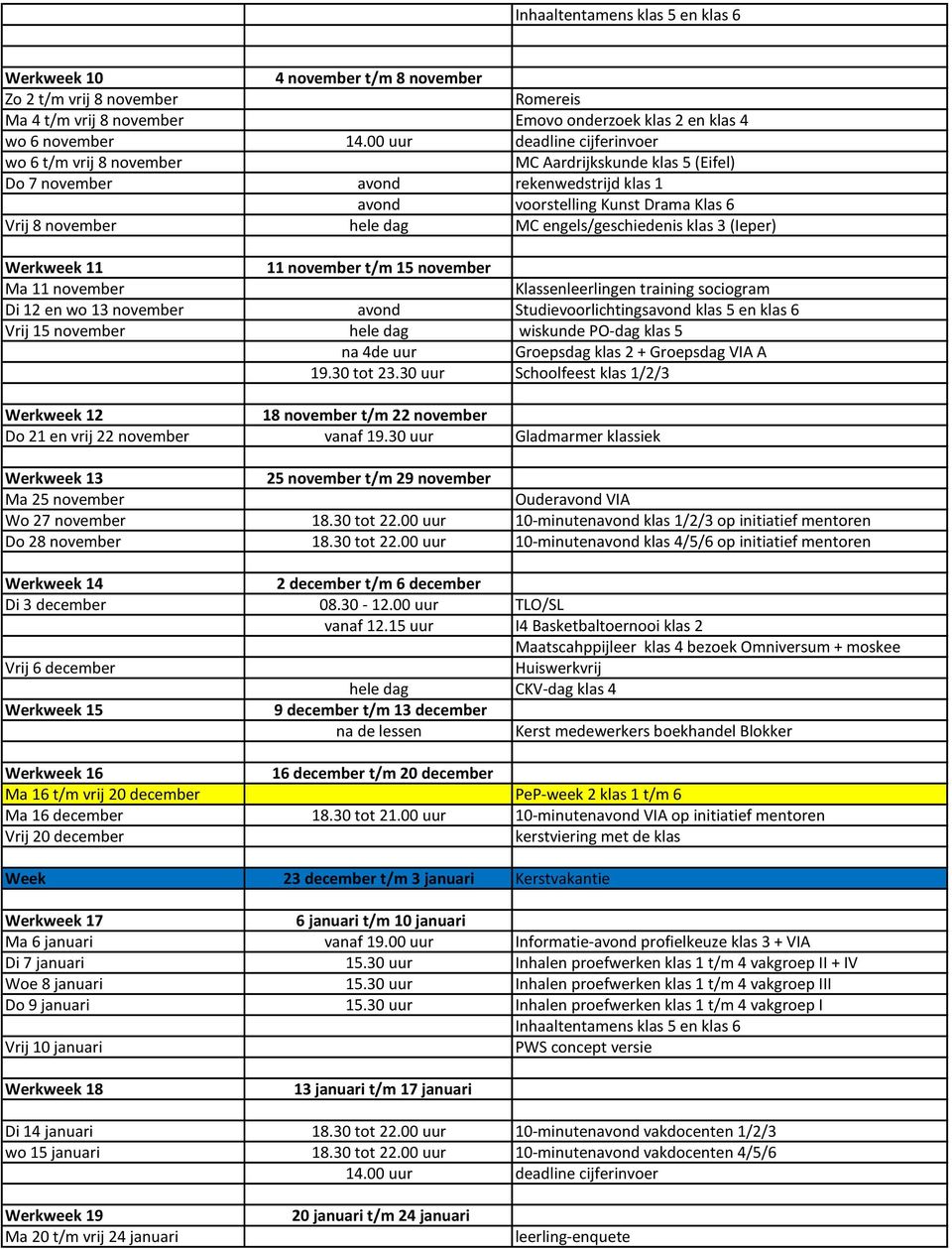 engels/geschiedenis klas 3 (Ieper) Werkweek 11 11 november t/m 15 november Ma 11 november Klassenleerlingen training sociogram Di 12 en wo 13 november avond Studievoorlichtingsavond klas 5 en klas 6