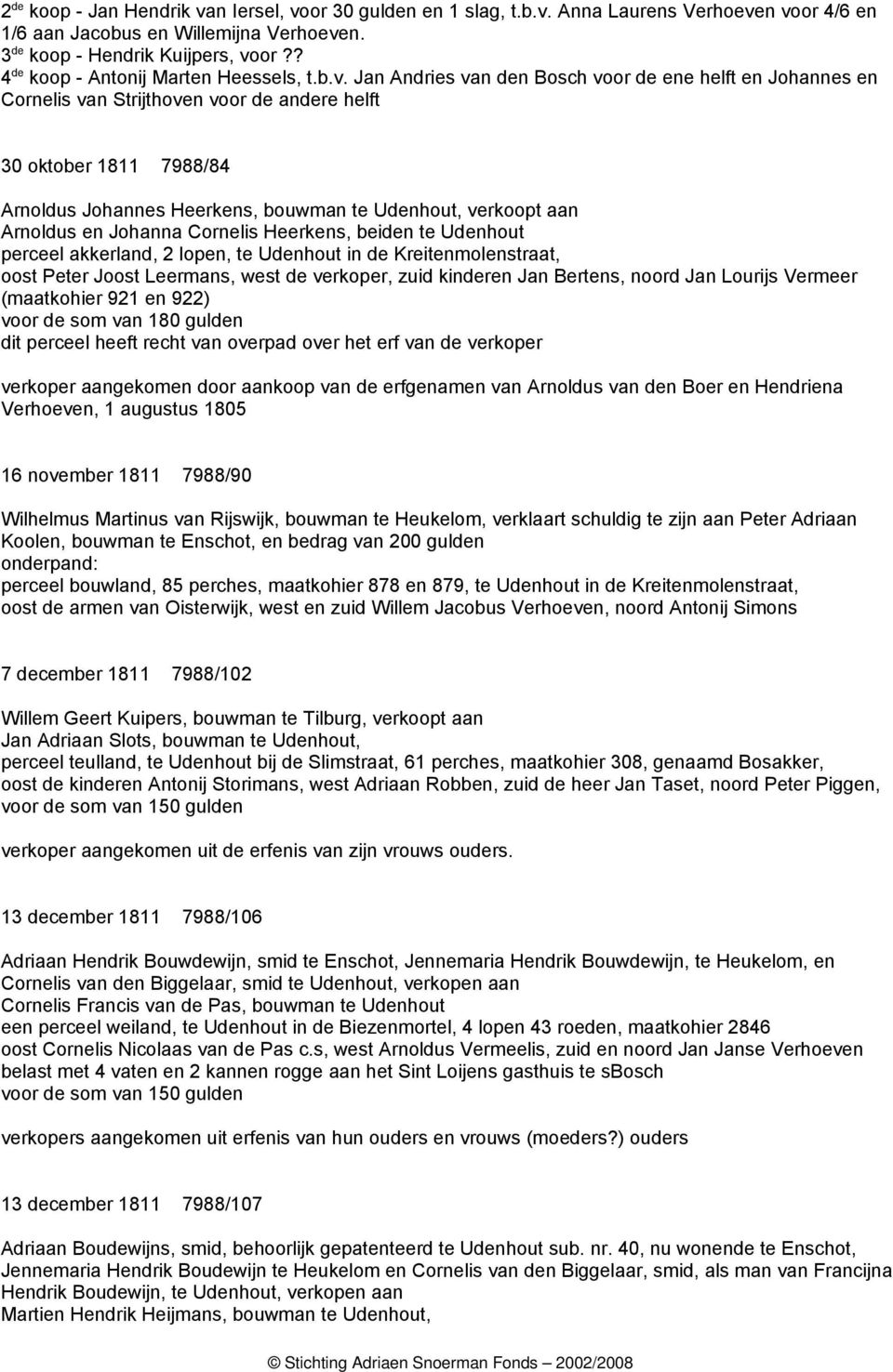 Jan Andries van den Bosch voor de ene helft en Johannes en Cornelis van Strijthoven voor de andere helft 30 oktober 1811 7988/84 Arnoldus Johannes Heerkens, bouwman te Udenhout, verkoopt aan Arnoldus