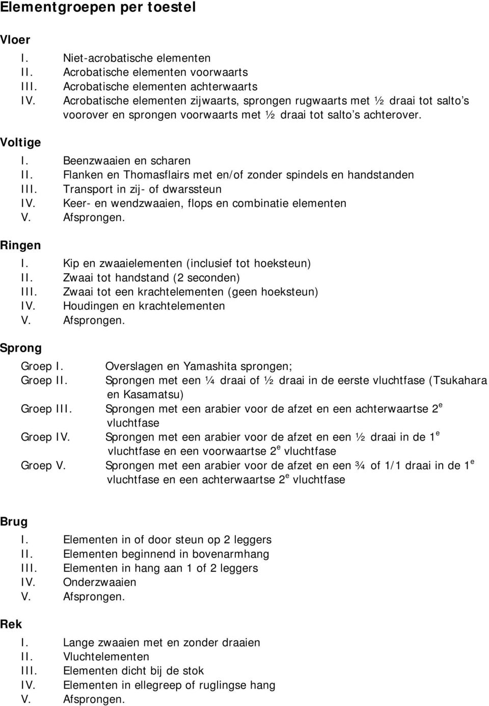 Flanken en Thomasflairs met en/of zonder spindels en handstanden. Transport in zij- of dwarssteun. Keer- en wendzwaaien, flops en combinatie elementen. Afsprongen. Ringen.