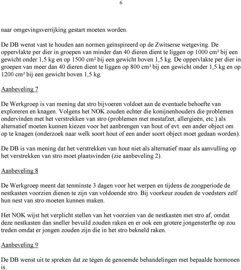 De oppervlakte per dier in groepen van meer dan 40 dieren dient te liggen op 800 cm² bij een gewicht onder 1,5 kg en op 1200 cm² bij een gewicht boven 1,5 kg.