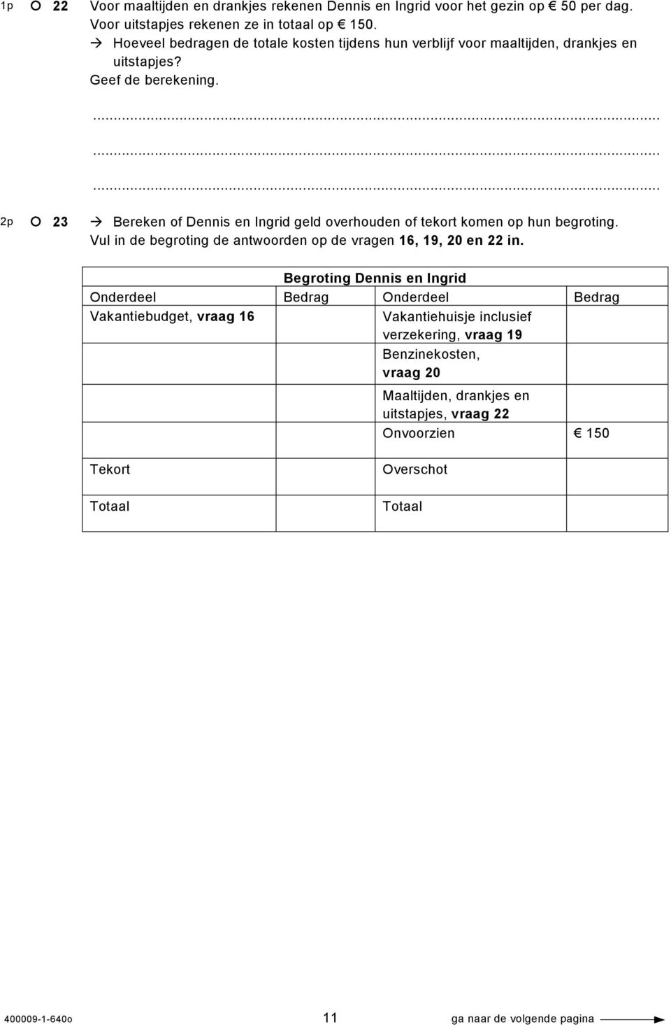 2p 23 Bereken of Dennis en Ingrid geld overhouden of tekort komen op hun begroting. Vul in de begroting de antwoorden op de vragen 16, 19, 20 en 22 in.