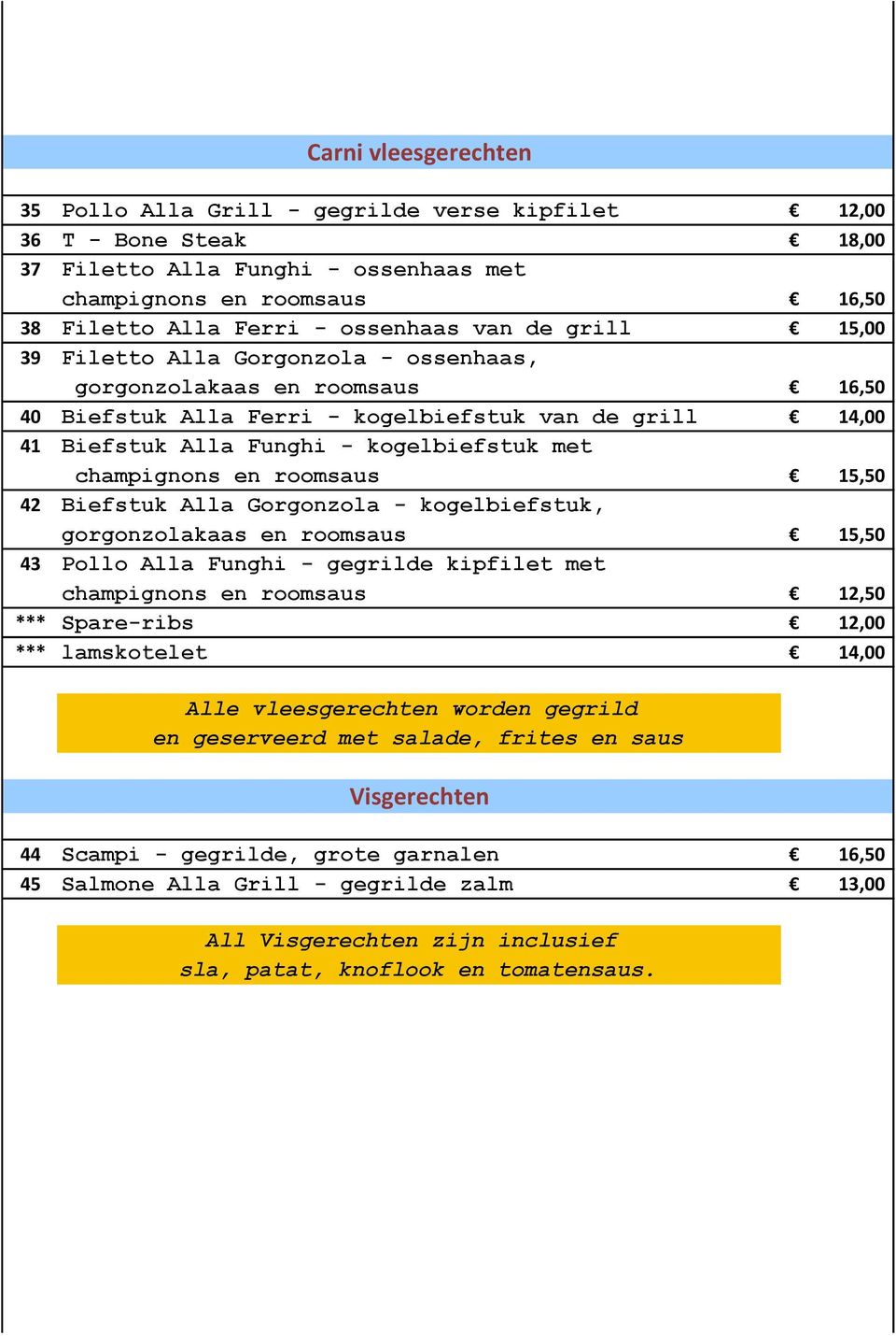 champignons en roomsaus 15,50 42 Biefstuk Alla Gorgonzola - kogelbiefstuk, gorgonzolakaas en roomsaus 15,50 43 Pollo Alla Funghi - gegrilde kipfilet met champignons en roomsaus 12,50 *** Spare-ribs